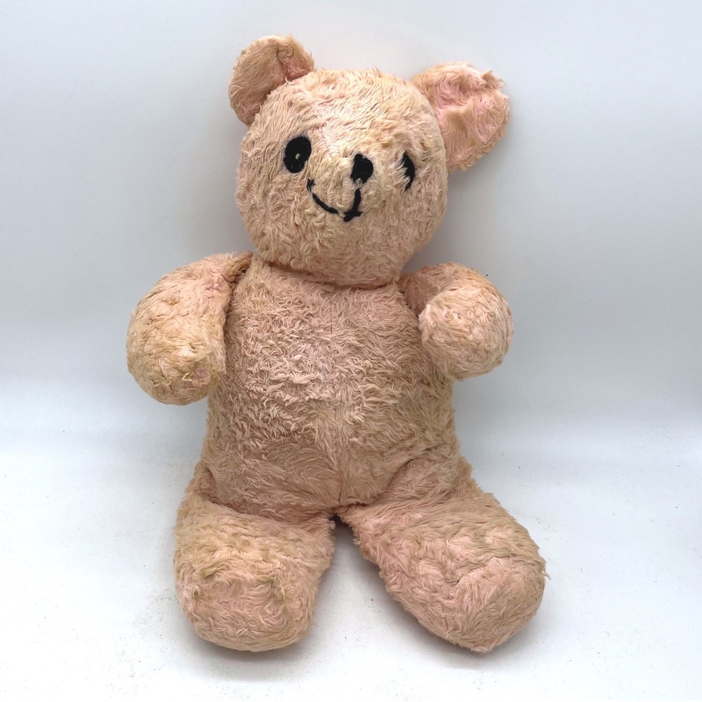 Vintage Creepy Pink Wind Up Musical Teddy Bear Plush Mid Century Toy 14 Inch